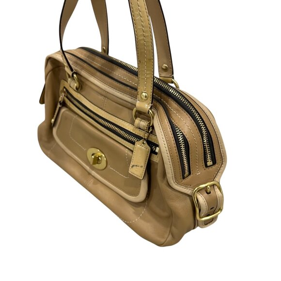 Coach Tan Leather Satchel Bag With Multiple Compartments & Gold Hardware - Picture 12 of 12